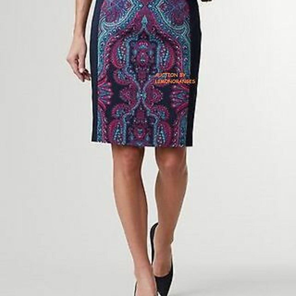 Coldwater Creek Mirror Paisley Pencil Skirt Blue Multicolor Size 12 Stretch Zip